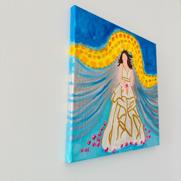 Original Painting Abstract Princess Bride White & Gold Dress Flowers 12" x 12" - Picture 5 of 7